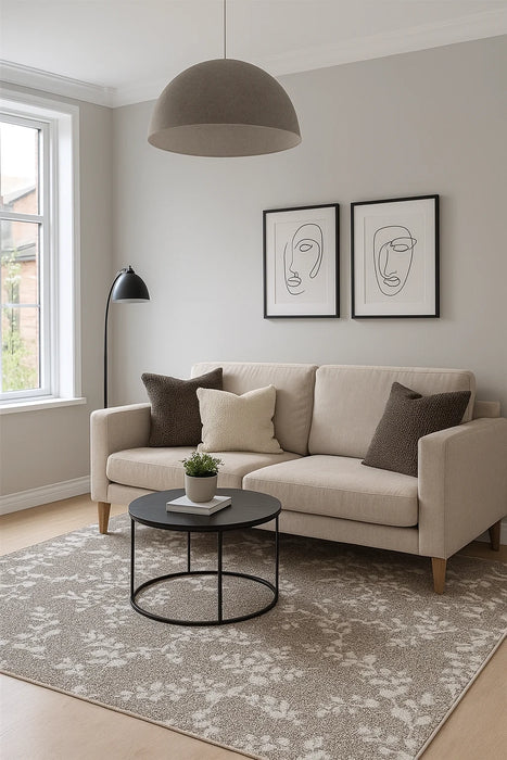 covor bej cu model floral integrat intr-un living modern
