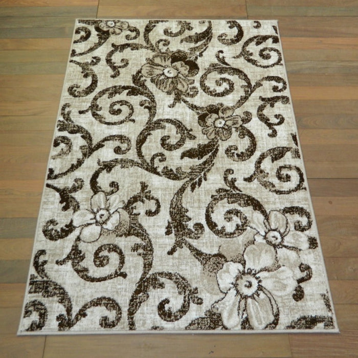 Covor modern bej maro amplasat in living design floral elegant