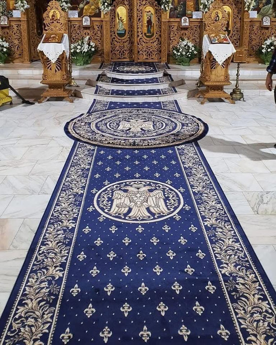 Covor pentru biserica albastru cu simbol ortodox vultur bicefal