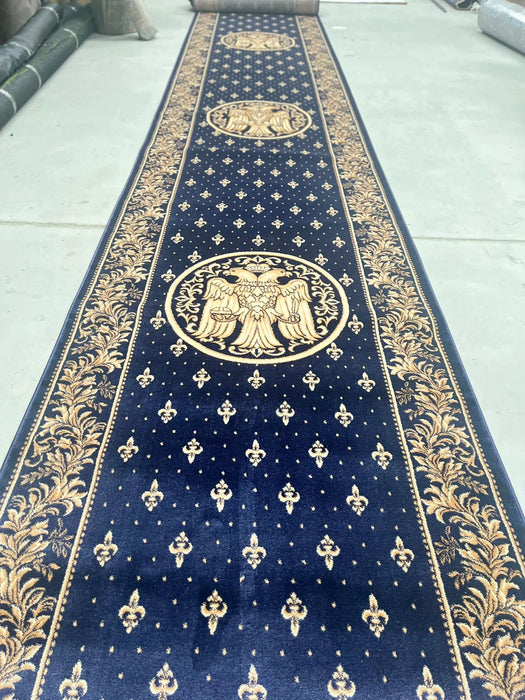 Covor biserica albastru cu vultur bicefal central si motive religioase