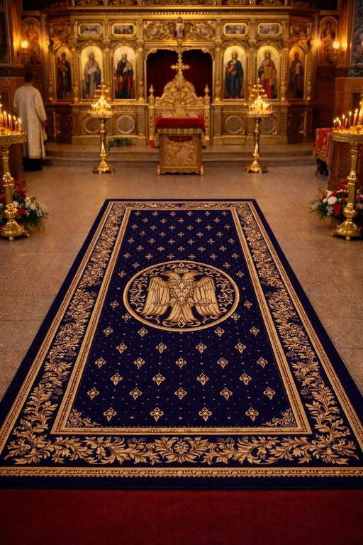 Covor bisericesc albastru asezat in biserica, cu model traditional ortodox