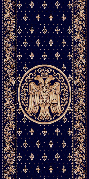 Covor bisericesc albastru inchis cu model ortodox si simbol vultur bicefal