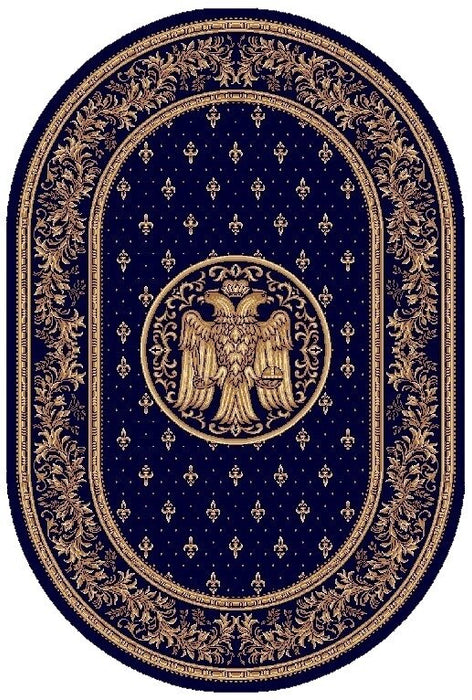 Covor bisericesc clasic albastru oval cu vultur bicefal si model traditional ortodox