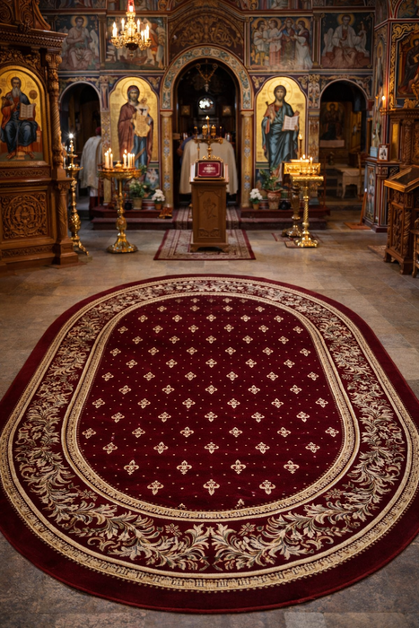 Covor bisericesc oval grena cu crini, amplasat în interiorul unei biserici