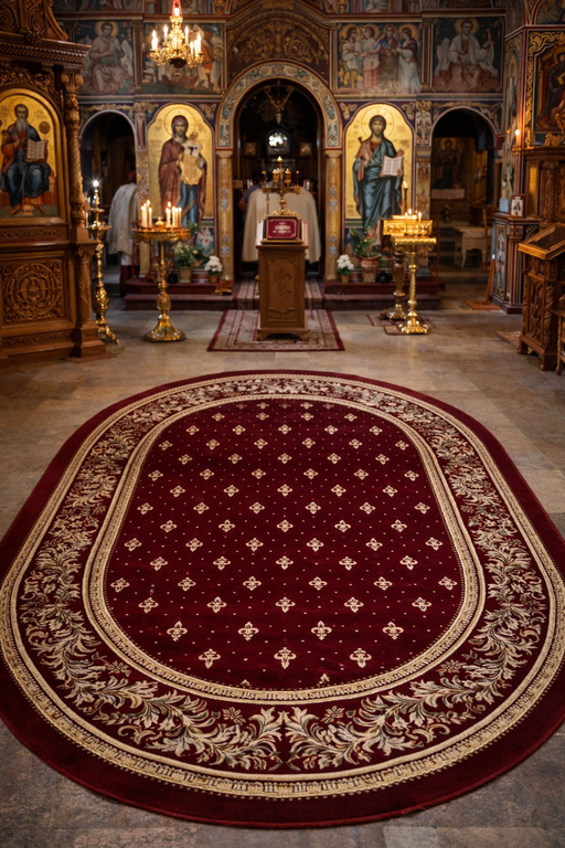 Covor bisericesc oval grena cu crini, amplasat în interiorul unei biserici