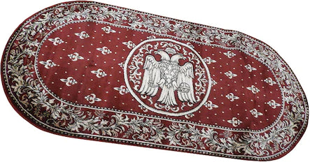 Covor bisericesc oval grena cu vultur bicefal, vedere în perspectivă