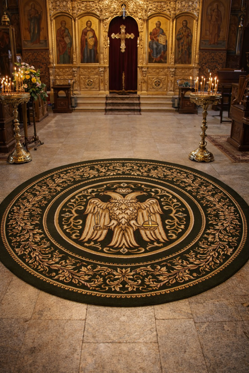 Covor bisericesc rotund verde, amplasat în naosul unei biserici