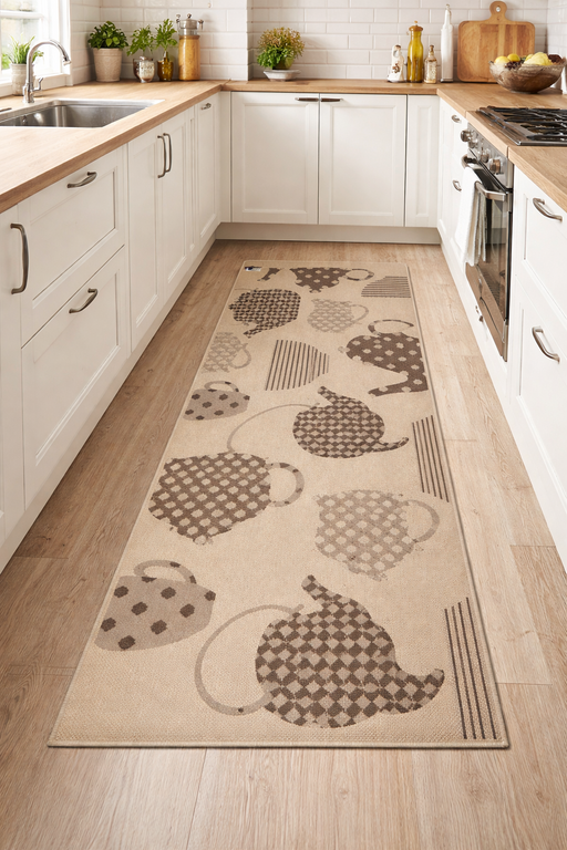 Covor bucatarie antiderapant bej cu model ceasca cafea, covor bucatarie modern si lavabil