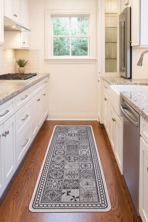 Covor bucatarie antiderapant gri model modern lavabil ideal pentru bucatarie