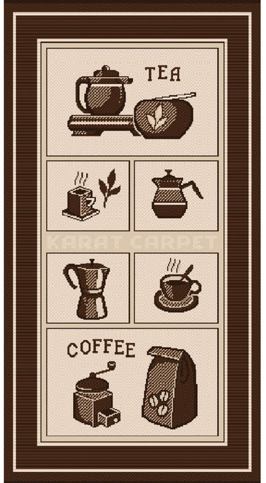 Covor bucatarie antiderapant maro bej cu model cafea si ceai, covor modern pentru bucatarie