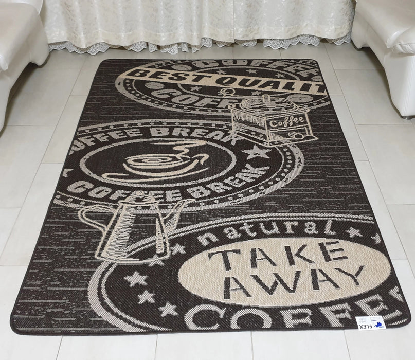 Covor bucatarie antiderapant maro cu model coffee, covor bucatarie modern si lavabil