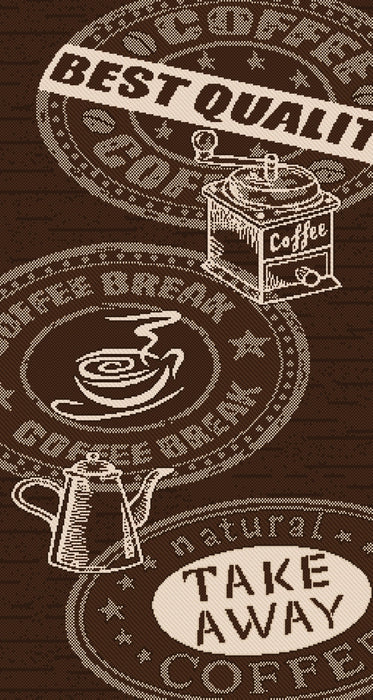 Covor bucatarie lung maro antiderapant cu model coffee, covor modern pentru bucatarie