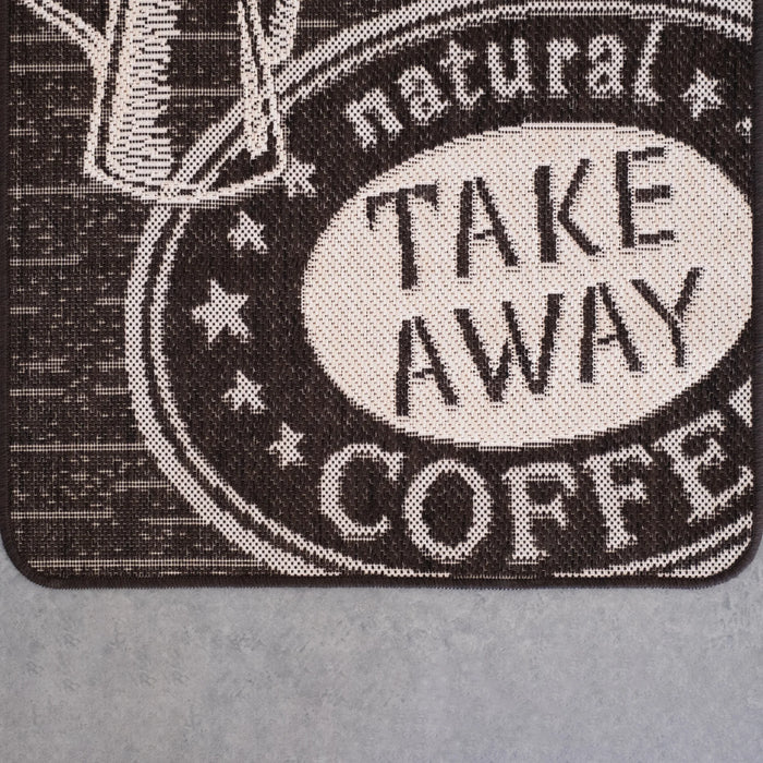 Covor bucatarie antiderapant maro cu model coffee break, covor lavabil pentru bucatarie
