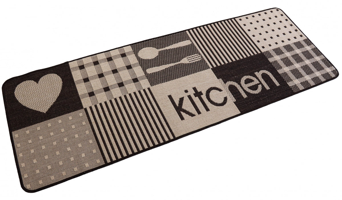 Covor bucatarie maro cu model kitchen, covor antiderapant modern pentru bucatarie
