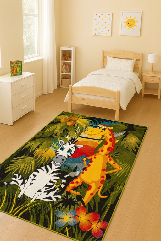 Covor pentru camera copii cu animale din jungla, girafa si zebra pentru decor vesel