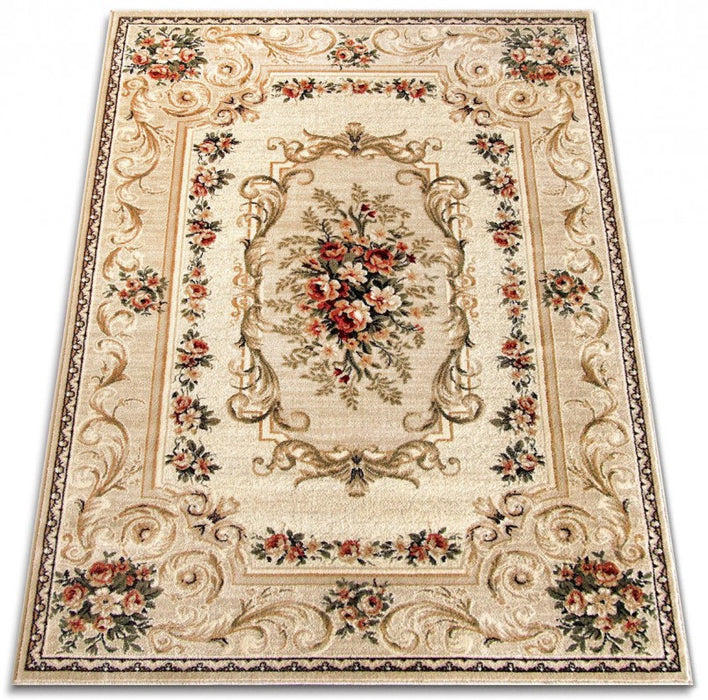 covor clasic crem bej cu model floral, vedere din unghi