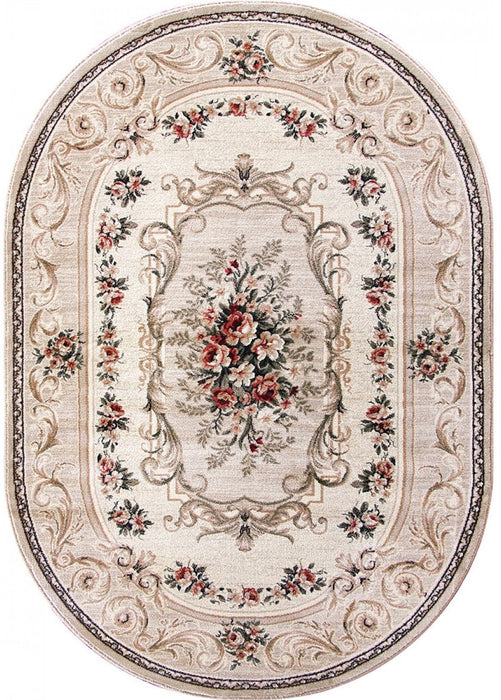 Covor clasic crem bej cu model floral, formă ovală
