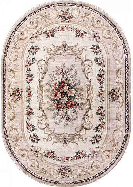 Covor clasic crem bej cu model floral, formă ovală