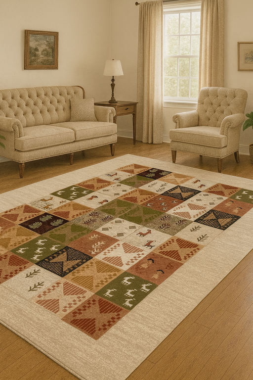 Covor clasic crem bej si verde in living, potrivit pentru un interior elegant