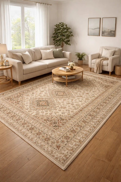 Covor clasic crem bej in living, potrivit pentru un interior luminos si elegant