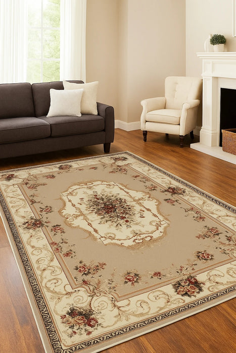 Covor clasic floral bej crem asezat in camera, decor clasic si rafinat