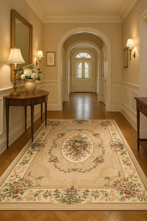 Covor clasic floral bej crem in living, potrivit pentru interior elegant