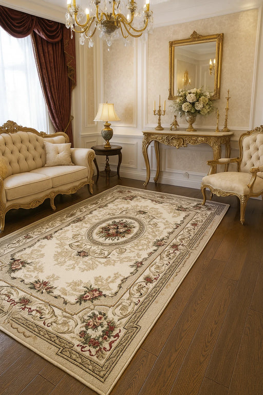 Covor clasic floral bej crem in living elegant