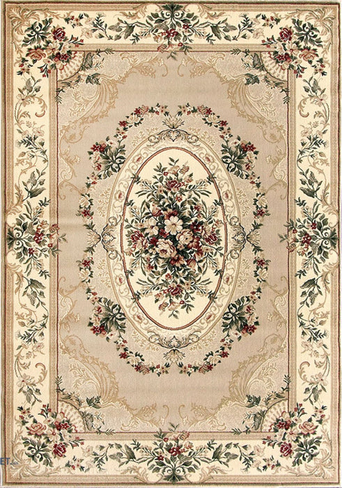 Covor clasic floral bej crem cu model traditional, ideal pentru living sau dormitor