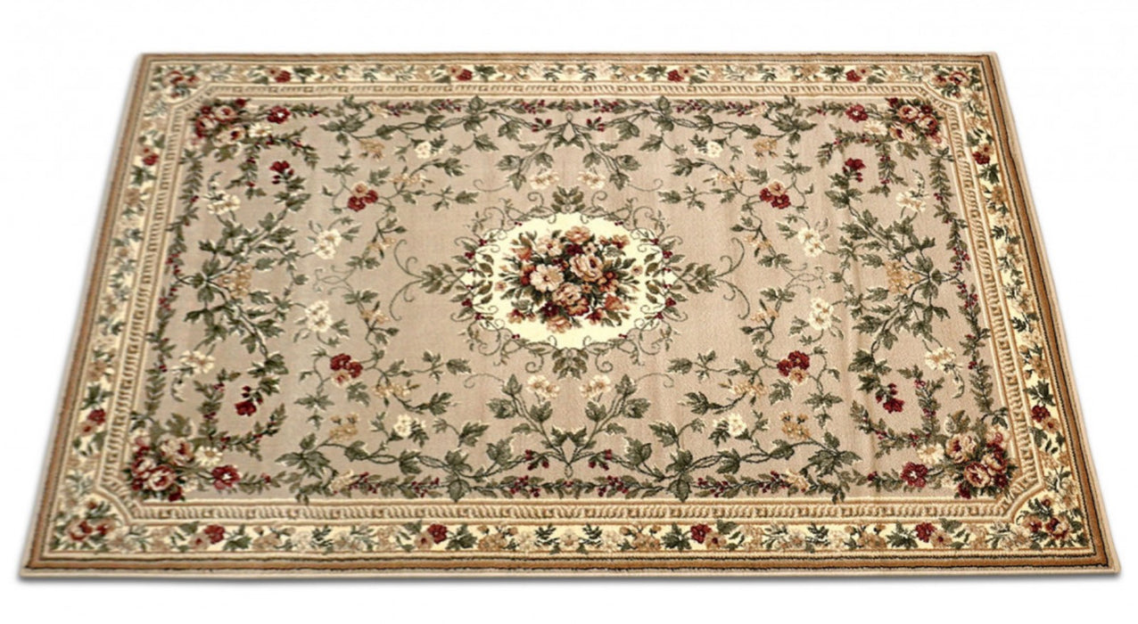 Covor clasic floral bej crem, vedere oblică