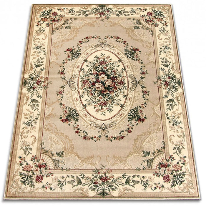 Covor clasic floral bej crem, vedere din unghi cu detalii ornamentale