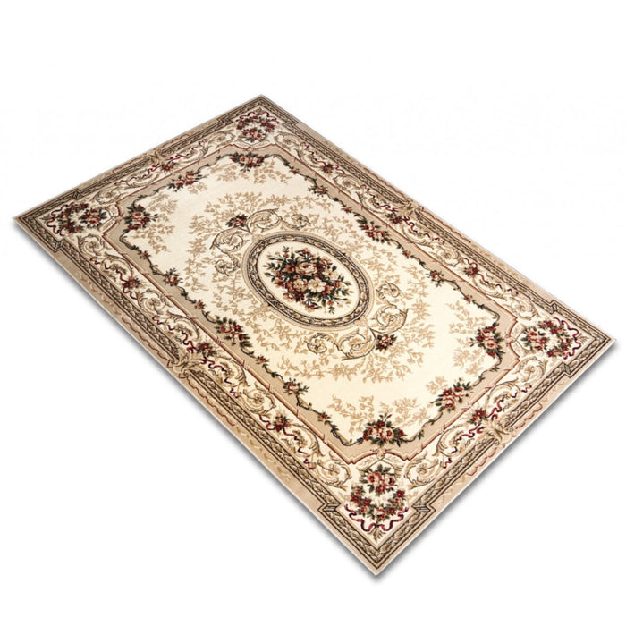 Covor clasic floral bej crem, vedere din unghi cu detalii ornamentale