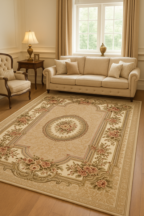 Covor clasic floral bej, ideal pentru living și dormitor
