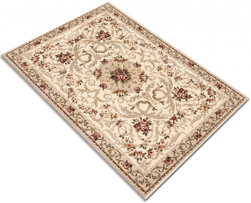Covor clasic floral crem bej cu design elegant si motive florale