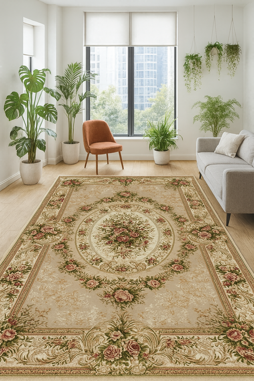 Covor clasic floral crem bej in living, potrivit pentru interior elegant