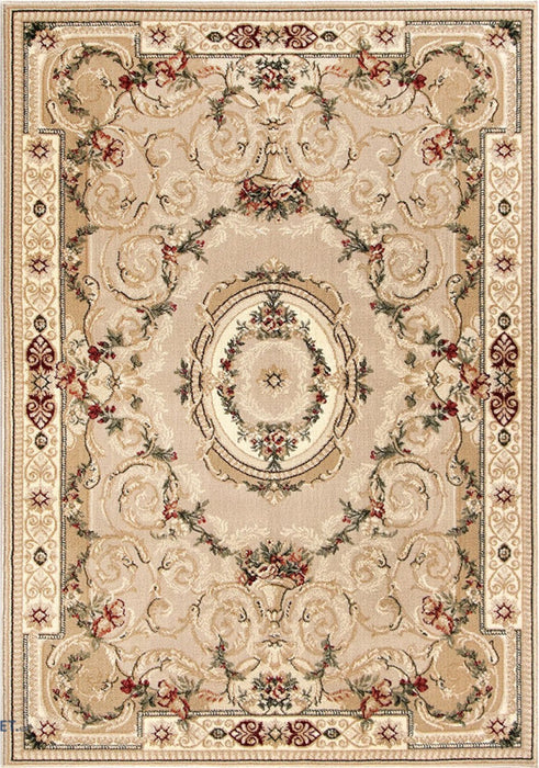 Covor clasic floral crem bej cu model traditional, potrivit pentru living sau dormitor