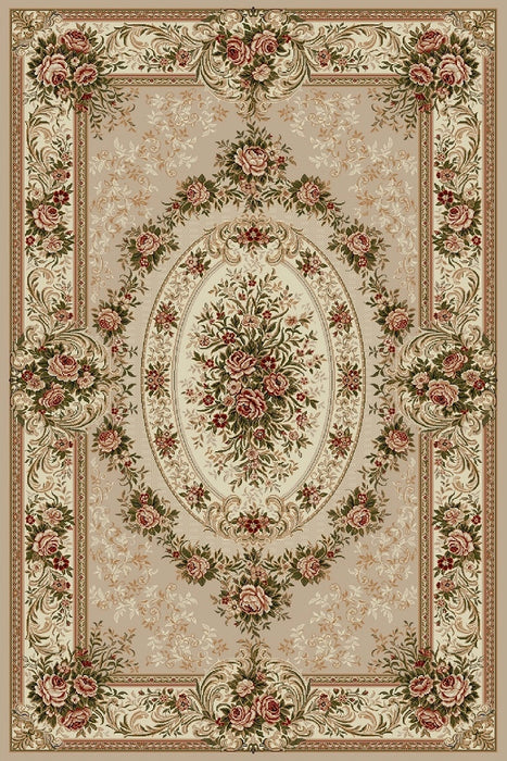 Covor clasic floral crem bej cu model traditional, ideal pentru living sau dormitor