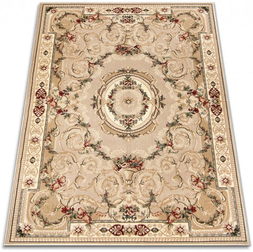 Covor clasic floral crem bej, vedere din unghi cu detalii ornamentale