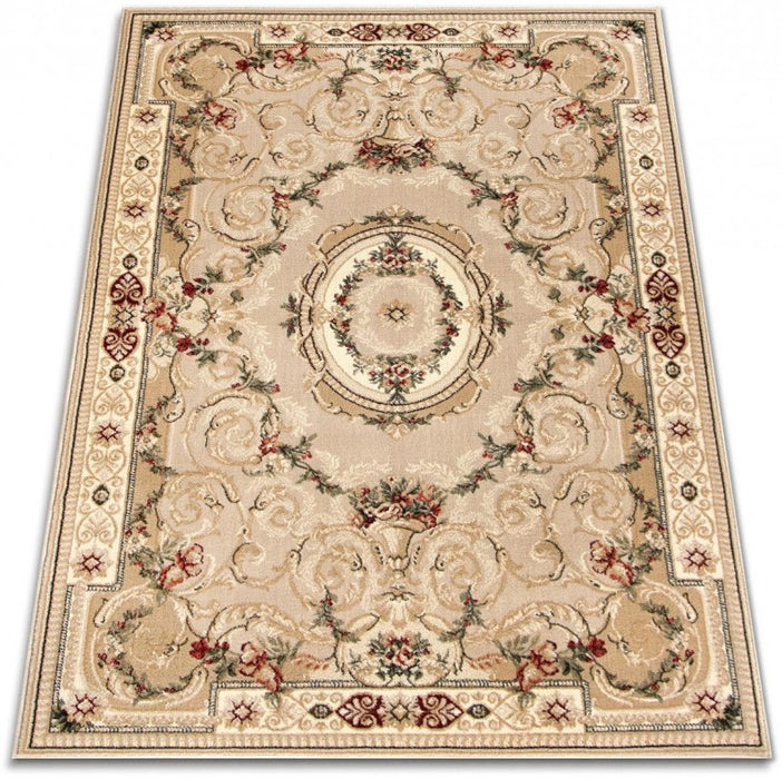 Covor clasic floral crem bej, vedere din unghi cu detalii ornamentale