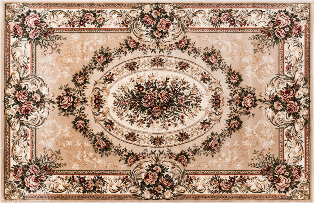 Covor clasic floral crem bej, vedere din unghi cu detalii ornamentale