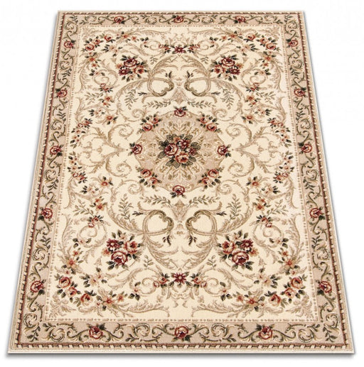 Covor clasic floral crem bej, vedere din unghi cu detalii ornamentale