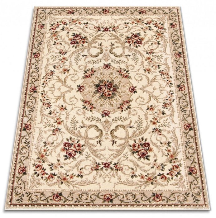 Covor clasic floral crem bej, vedere din unghi cu detalii ornamentale