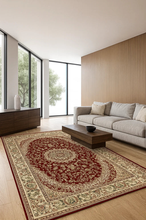 Covor clasic floral grena, ideal pentru living și dormitor