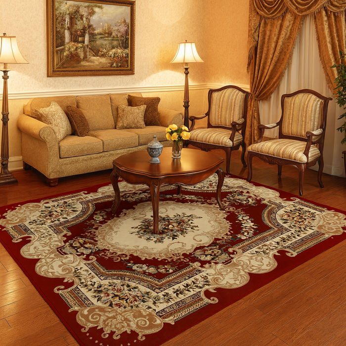 Covor clasic floral grena, model traditional elegant pentru living sau dormitor