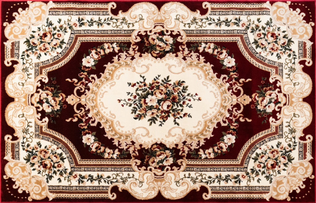 Covor clasic floral grena cu model traditional, vedere de sus