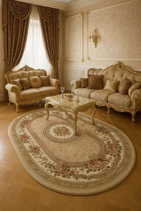 Covor clasic floral oval bej, ideal pentru living și dormitor