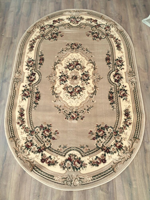 Covor clasic floral oval bej cu motive florale elegante