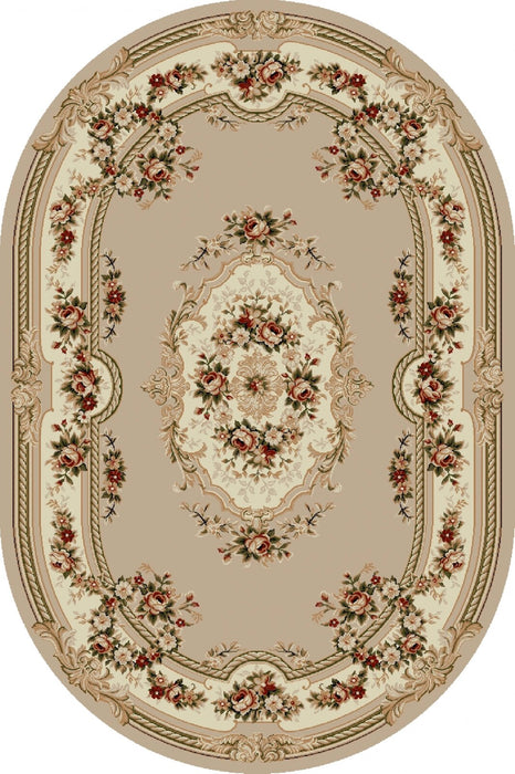 Covor clasic floral oval bej cu model traditional, ideal pentru decor clasic