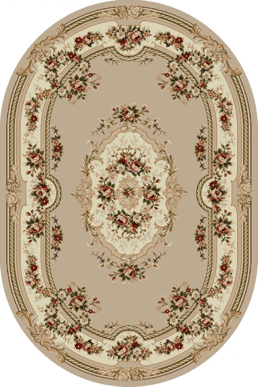 Covor clasic floral oval bej cu model traditional, ideal pentru decor clasic