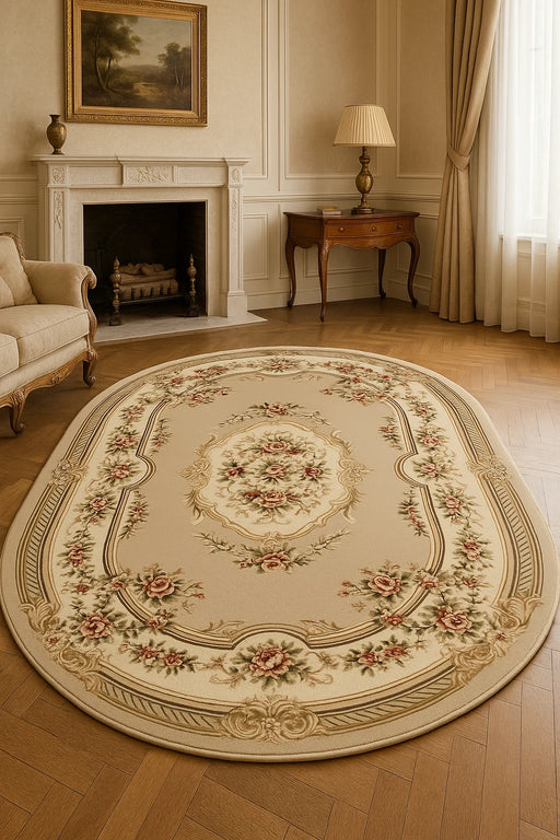 Covor clasic floral oval bej, model traditional elegant pentru living sau dormitor
