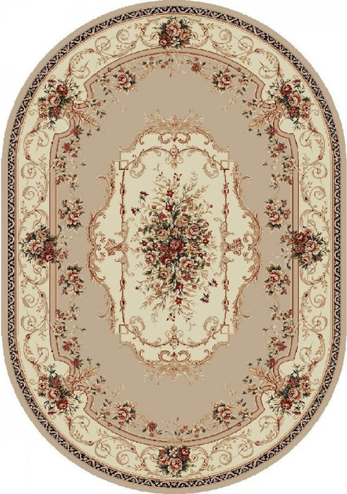 Covor clasic floral oval crem bej, model traditional elegant pentru living sau dormitor